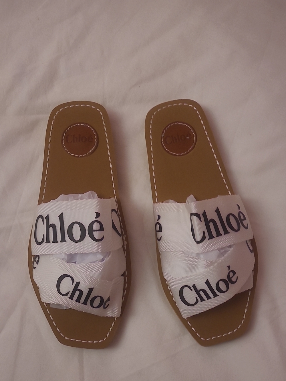 Chloé White Logo Ribbon Slide Sandals